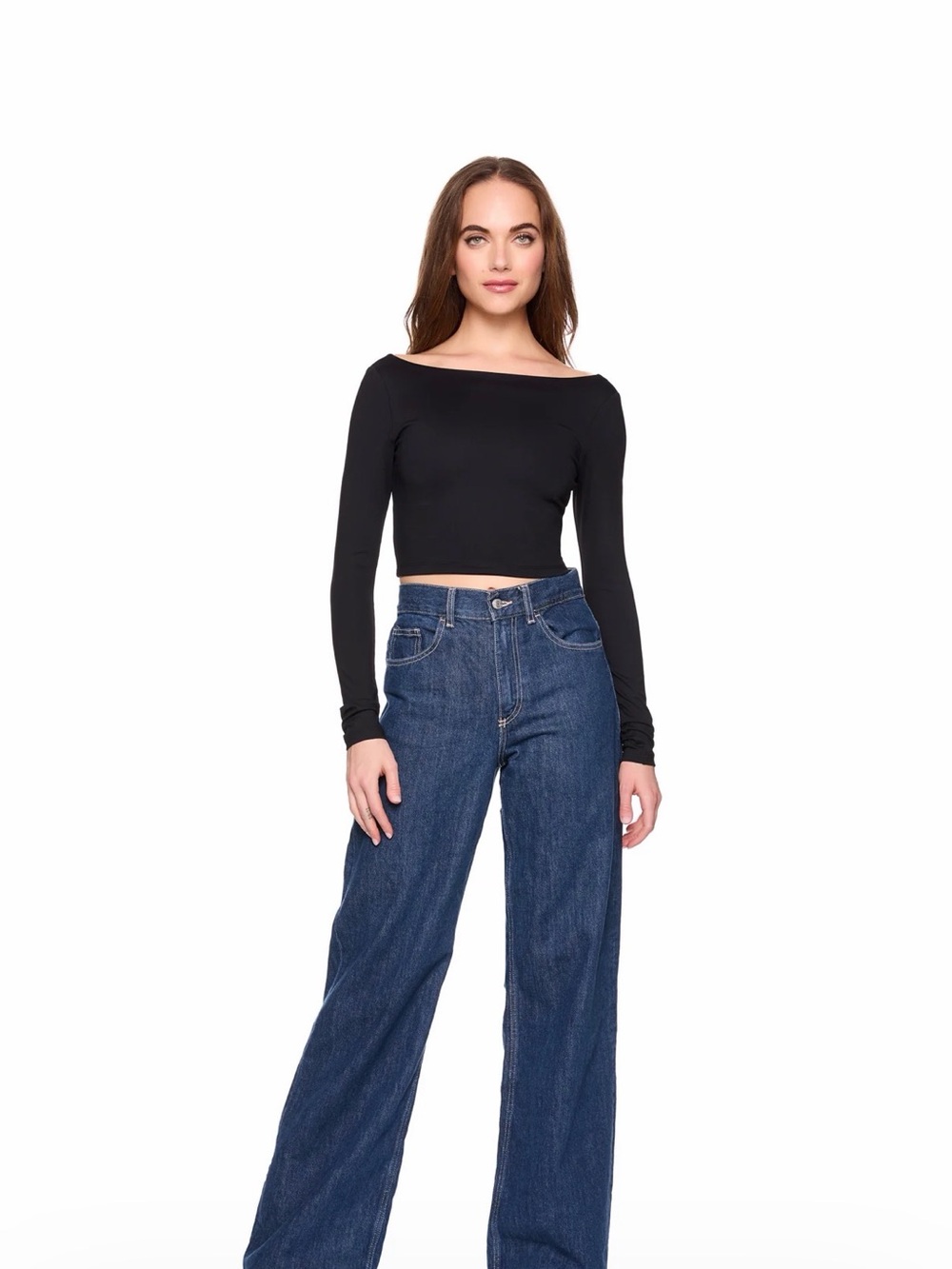 Susana Monaco Scoop Back Long Sleeve Crop Top, Black, Size Small